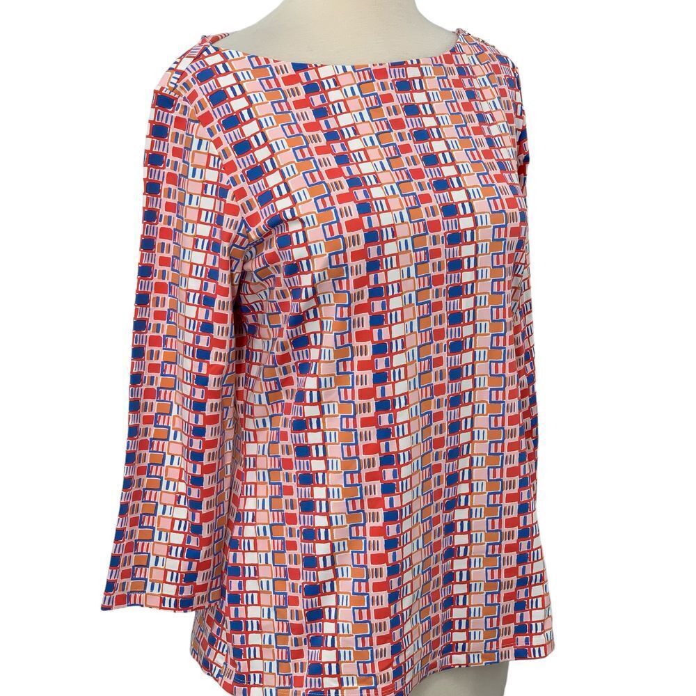 J.McLaughlin 3/4‎ Sleeve Boatneck Catalina Cloth Top Red Blue Pink Geometric L